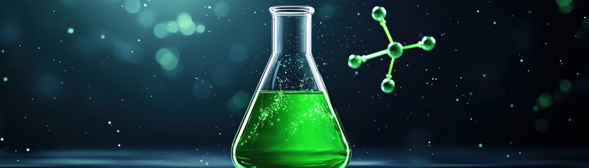 Green liquid in a laboratory flask with molecular structure, dark background.