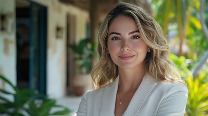 Confident Young Woman in Elegant Attire Surrounded by Tropical Nature