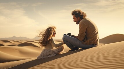 Wall Mural - A father and daughter sitting together on a sand dune