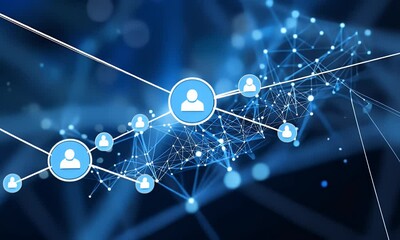 Wall Mural - abstract blue background with digital network connections and glowing dots on a dark gradient for te