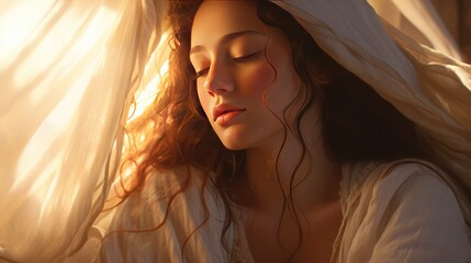 Canvas Print - Close-up of a graceful woman enjoying the aroma of a beautiful flower in the morning sunshine.