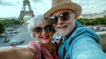 the happy senior older retired  couple ARE traveling to Paris and taking selfies   on their holidays vacation trip 