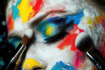 A Close-Up of a Face Covered in Colorful Paint with Makeup Brushes