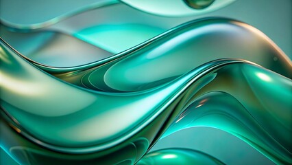 Aufkleber - Abstract background with green and blue fluid glass waves. 3d abstract liquid glass transparent clear ribbon wave line on green background with palm leaf shadow. Water fluid flow curve shape
