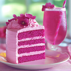 cute decorated pink cake decoration  as the center piece,with the iced pink raspberry soda drink 