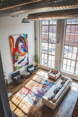 Wall Mural - An airy loft with large windows letting in natural light. The space is decorated with colorful art and comfortable seating areas