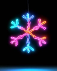 Aufkleber - Neon Snowflake Art Sculpture Against Black Background
