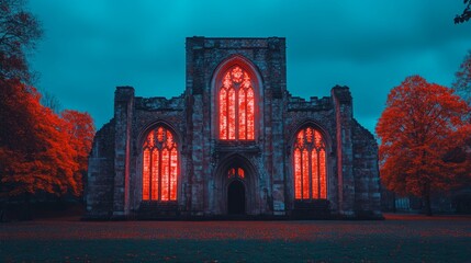 Gothic Church with Red Stained Glass Windows at Dusk