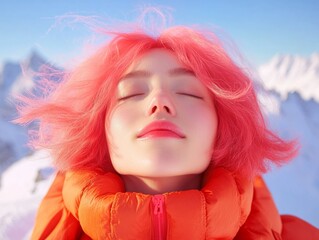 Vibrant Cherry Red Hair in Snowy Mountain Landscape