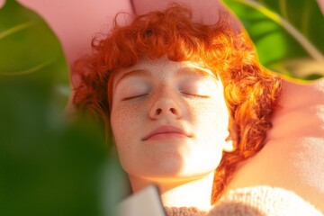 Serene Teen with Cherry Red Hair Relaxing Indoors Amidst Greenery