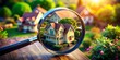 © Curie - 3D Illustration of a Magnifying Glass Focusing on a House with Tilt-Shift Effect, Highlighting Architectural Details and Surrounding Environment for Real Estate and Home Design