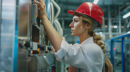 side view portrait of female worker pushing button while operating machine units at clean food production factory, copy space isolated on white background, png