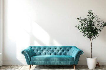 Interior of bright living room with turquoise sofa against blank white wall with copy space