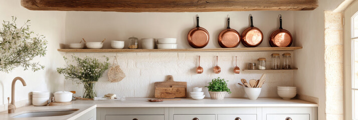 Poster - A cozy kitchen interior featuring wooden shelves adorned with copper pans and white dishware. warm tones and natural elements create welcoming atmosphere