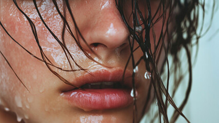 Wall Mural - a close-up portrait of a person with wet hair partially covering their face. Water droplets cling to the strands of hair and appear on the person's skin, The person's expression is serene