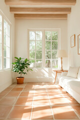 Poster - A bright and airy interior space featuring cozy sofa, potted plant, and large windows that allow natural light to fill room. warm tones of terracotta floor and wooden beams create welcoming atmosphere