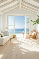 Poster - A bright and airy interior featuring cozy white sofa, wooden coffee table, and rattan chair, all with stunning ocean view through large windows. serene atmosphere invites relaxation and tranquility