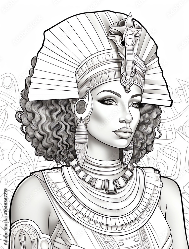 Coloring page for adults: an Egyptian queen with afro hair, wearing a ...