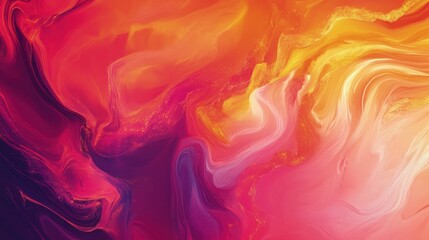 Wall Mural - An abstract liquid background with warm hues of red, orange, and pink, swirling together to form a mesmerizing, flowing gradient in constant motion.