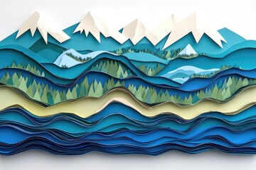 Wall Mural - stylized paper cut layers creating a tranquil mountain and ocean scene.