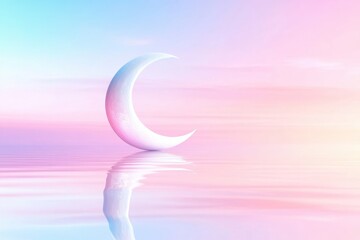 A serene pastel landscape featuring a reflective crescent moon over calm waters, evoking tranquility and dreamlike beauty.