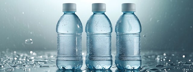 Wall Mural -  Bottled Water and Glass on a Light Blue Background 