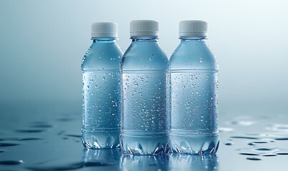 Wall Mural -  Bottled Water and Glass on a Light Blue Background 