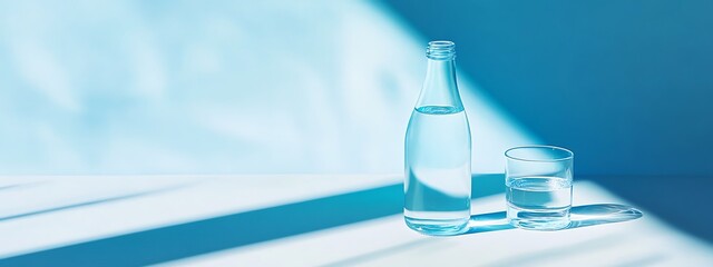 Wall Mural -  Bottled Water and Glass on a Light Blue Background 