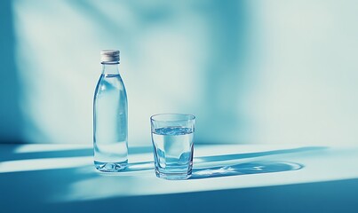 Wall Mural -  Bottled Water and Glass on a Light Blue Background 