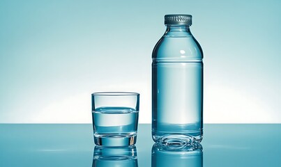 Wall Mural -  Bottled Water and Glass on a Light Blue Background 