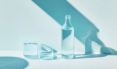 Wall Mural -  Bottled Water and Glass on a Light Blue Background 