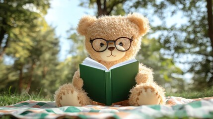 Wall Mural - A small teddy bear with glasses, sitting on a picnic blanket outside, holding a green book with white pages, with trees and nature in the background, enjoying a quiet reading time.