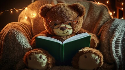 Wall Mural - A teddy bear with glasses, sitting on a cozy chair, reading a green book with white pages, the soft brown fur illuminated by warm light in a quiet study setting.