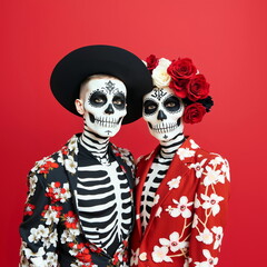 Couple in sugar skull makeup for day of the dead. Two men in floral suits on red background.