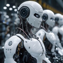 Poster - Robots powered by AI are working in factories. Humanoid robots with AI control robotic arms to build things. This is part of Industry 4.0, where AI is changing manufacturing.