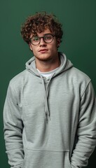 Casual Portrait of a Young Man in a Grey Hoodie Against Green Background