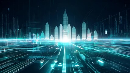 Wall Mural - circuitry digital states: landscape three-dimensional map us glowing light city turquoise background