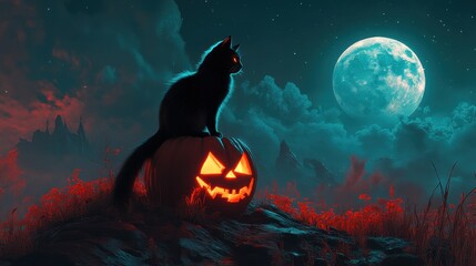 A black cat perched on a glowing jack-o-lantern under a full moon on Halloween night. Realistic and detailed