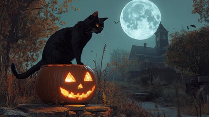 A black cat perched on a glowing jack-o-lantern under a full moon on Halloween night. Realistic and detailed