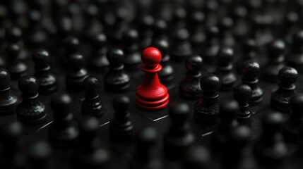 A bold red pawn stands out among a sea of black chess pieces, illustrating the concept of thinking differently and individuality