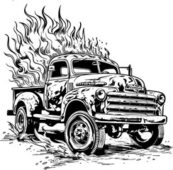 Black and white illustration of a vintage truck with flames coming out of the hood.