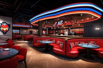 3D digital illustration of a modern restaurant with dynamic lighting, sleek furniture, and a lively atmosphere, symbolizing the vibrant, high-energy dining experience