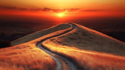 Wall Mural - Dramatic Sunset Over Winding Road in Golden Grassland