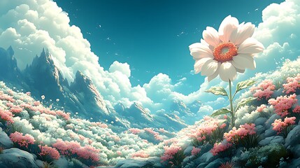 Wall Mural - Serene Landscape with Giant Flower and Lush Clouds
