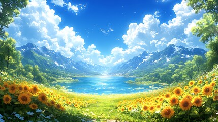 Wall Mural - Serene Panorama of a Sunflower Field by the Water