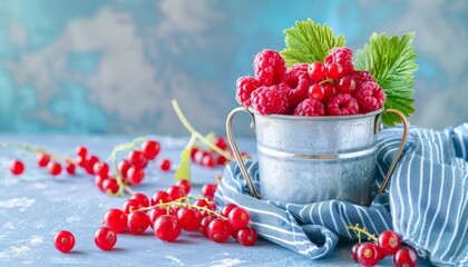 Wall Mural - A bright summer blend of berries including raspberries and red currants served in a tin mug on a pale blue backdrop with a striped blue cloth napkin Ideal for p