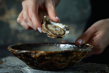 A woman s hand lifting a fresh oyster for a luxury dining experience captured from above