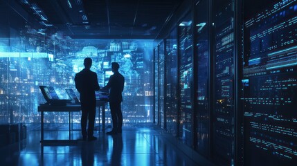 Two men in server room analyzing data