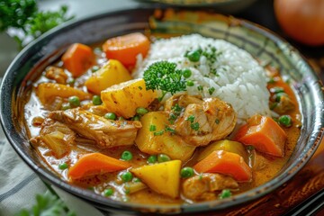 Wall Mural - Baked Japanese curry rice with cheese made at home with onion chicken potato and carrot