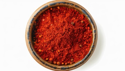 Sticker - Bird s eye view of vibrant red pepper seasoning in isolated bowl on white backdrop for fragrant cuisine